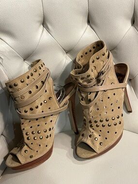 Beige Faux Suede Studded Peep-Toe High Heel Booties Size 9